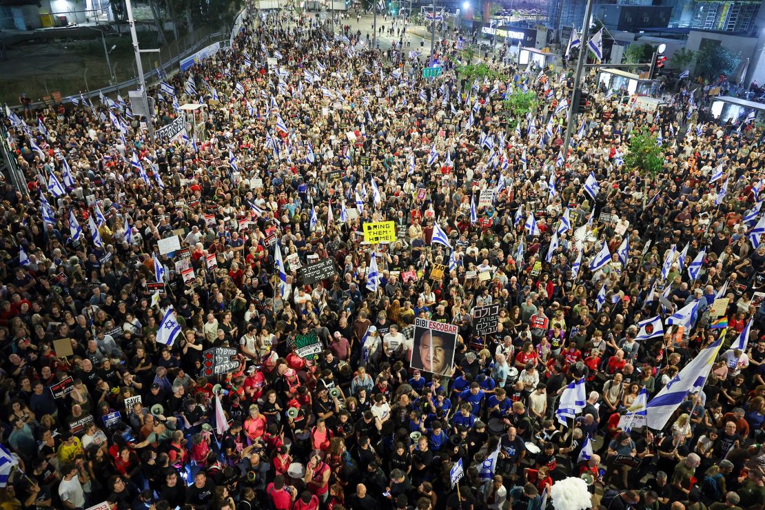 An aerial photograph of a large crowd. Among the crowd, signs and Israeli flags are visible. 