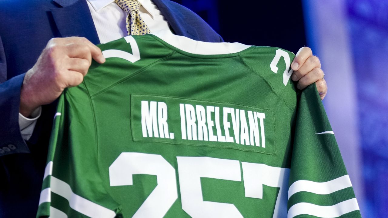 DETROIT, MICHIGAN - APRIL 27: A detail of the Mr. Irrelevant jersey during round seven of the 2024 NFL draft at Campus Martius Park and Hart Plaza on April 27, 2024 in Detroit, Michigan. (Photo by Nic Antaya/Getty Images)