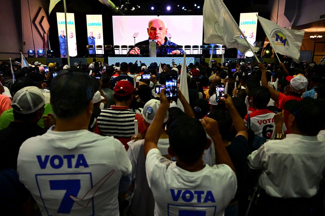 Panama's former president Ricardo Martinelli gives a remote speech in support of Mulino during his campaign closing rally in Panama City on April 28, 2024.