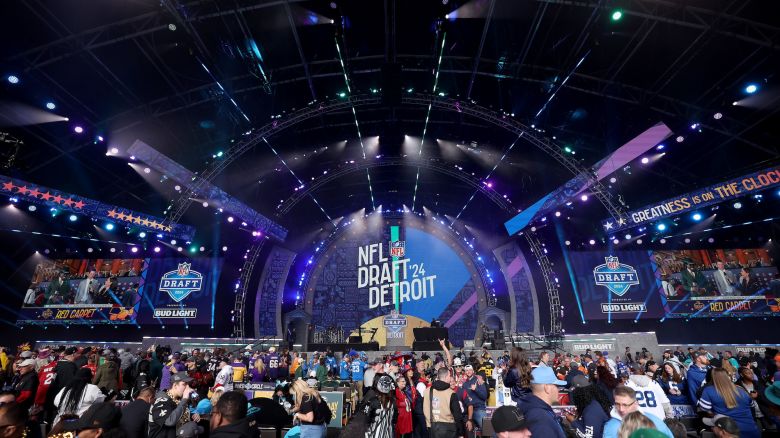 DETROIT, MICHIGAN - APRIL 25: Fans gather prior to the first round of the 2024 NFL Draft at Campus Martius Park and Hart Plaza on April 25, 2024 in Detroit, Michigan. (Photo by Gregory Shamus/Getty Images)