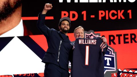 (L-R) Caleb Williams poses with NFL Commissioner Roger Goodell after being selected first overall by the Chicago Bears during the first round of the 2024 NFL Draft at Campus Martius Park and Hart Plaza on April 25, 2024 in Detroit, Michigan.