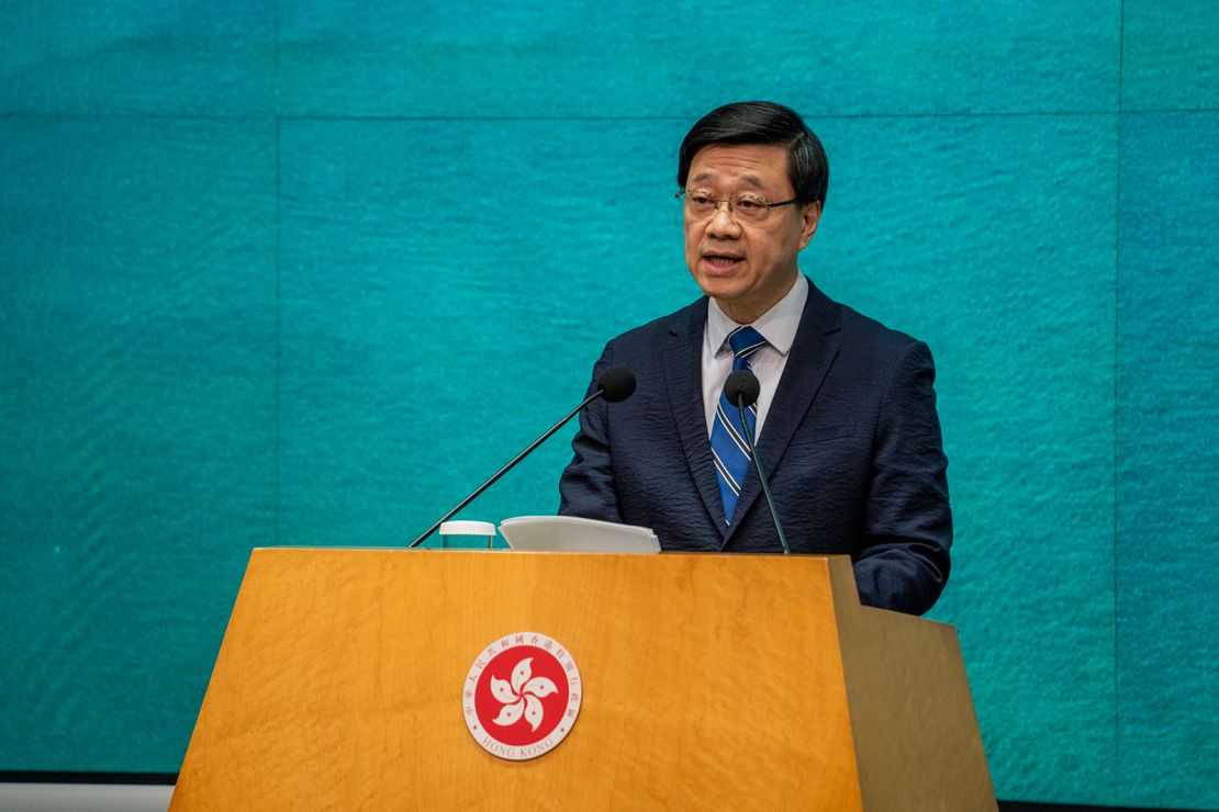 Hong Kong Chief Executive John Lee is speaking at a press conference on April 30, 2024.