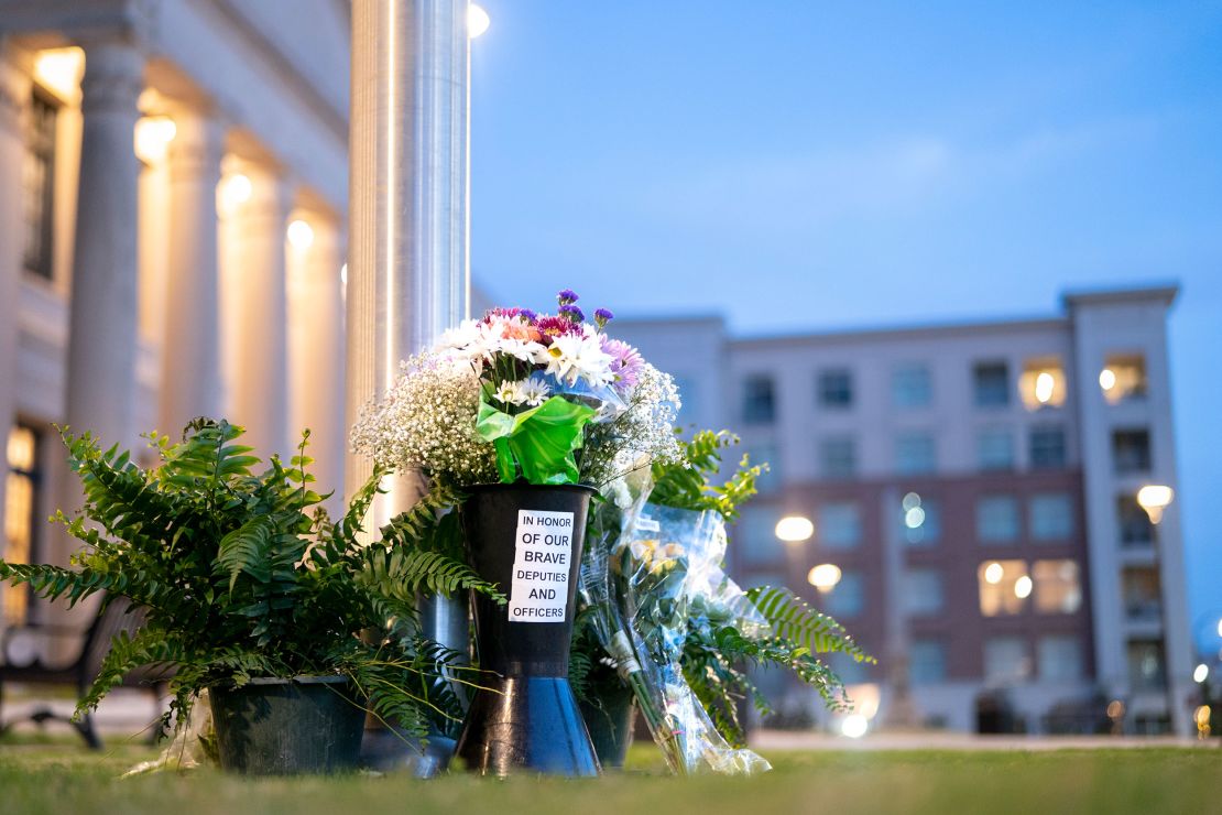 Flowers in memory of fallen law enforcement officers are seen outside the Federal Courthouse on April 30, 2024, in Charlotte, North Carolina.
