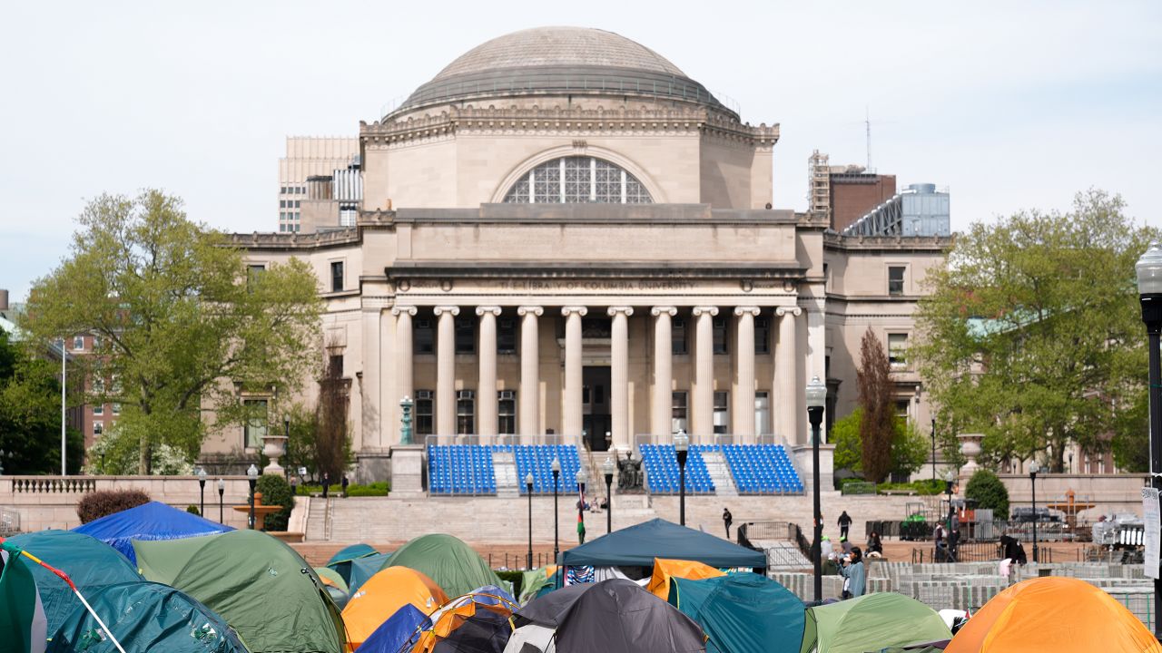Student protesters camp on the campus of Columbia University on April 30, 2024 in New York City. All classes at Columbia University have been held virtually today after school President Minouche Shafik announced a shift to online learning in response to recent campus unrest.