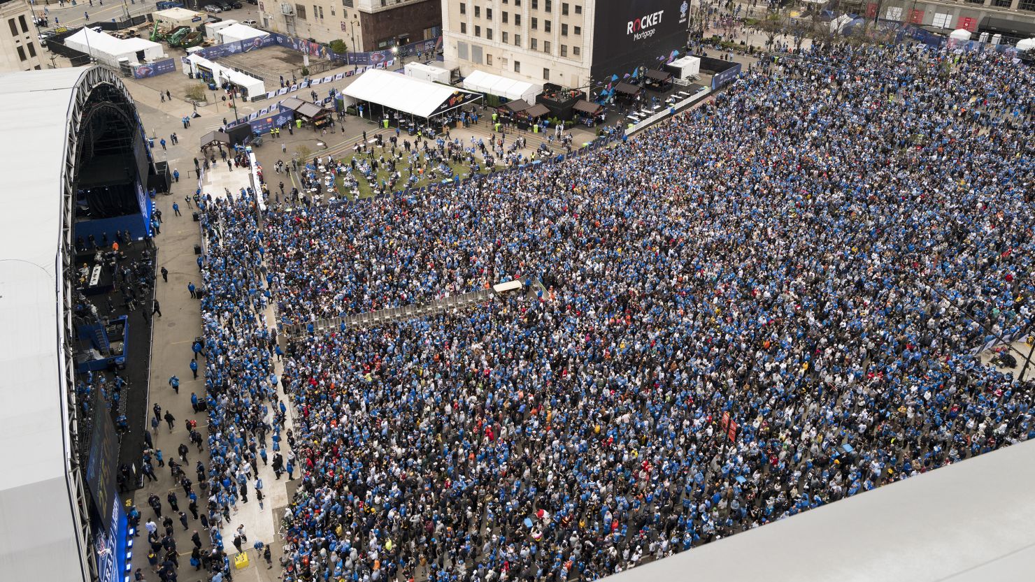 Fans fill the area during the second round of the NFL draft at Campus Martius Park on April 26, 2024 in Detroit, Michigan.