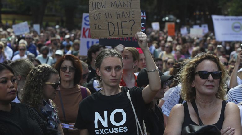 Demonstrators take part in a national rally against violence against women in Sydney on April 27, 2024.