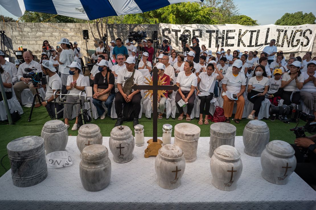 Families and supporters of victims of former president Duterte's war on drugs gather at the inauguration of the country's first mausoleum for the victims of extrajudicial killings in Manila, Philippines on May 1, 2024.