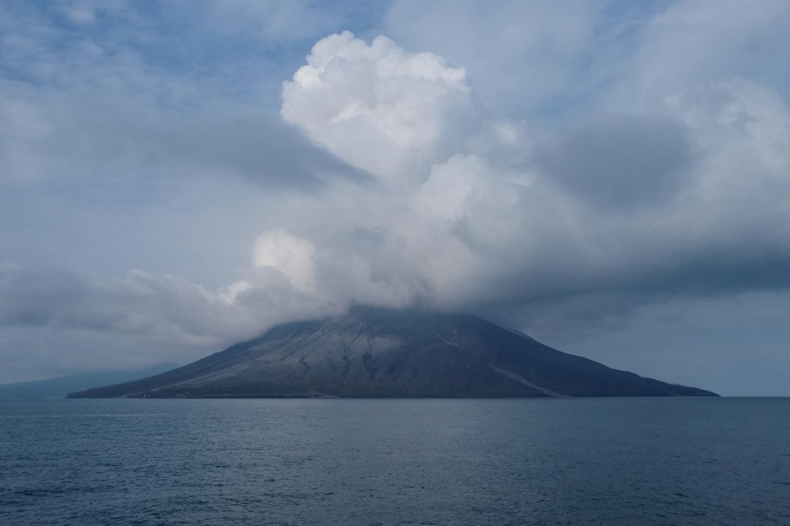A view of Mount Ruang volcano on Wednesday, the day after it erupted three times, forcing authorities to issue evacuation orders for 12,000 locals.