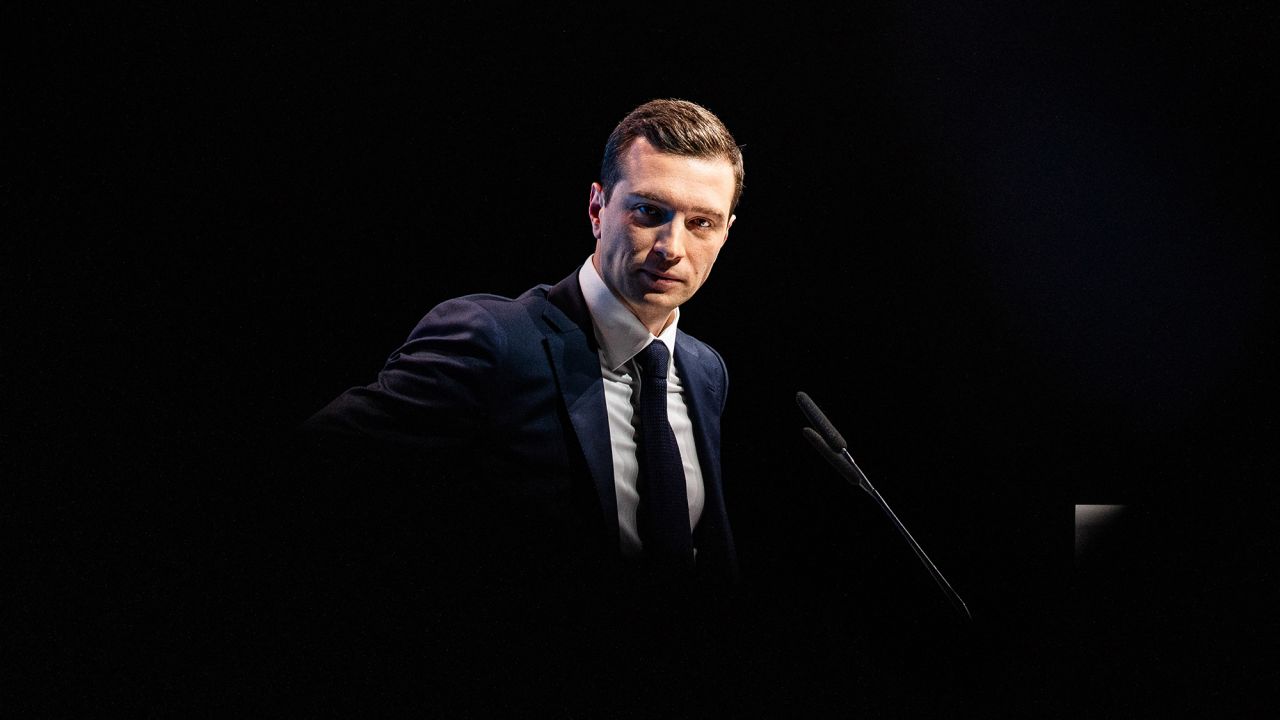 Jordan Bardella, leader of France's National Rally party, speaks in southern France in May 2024.