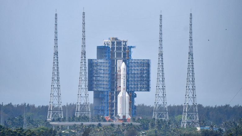 The combination of the Chang'e-6 lunar probe and the Long March-5 Y8 carrier rocket prepare for launch area at the Wenchang Space Launch Center on China's Hainan island.