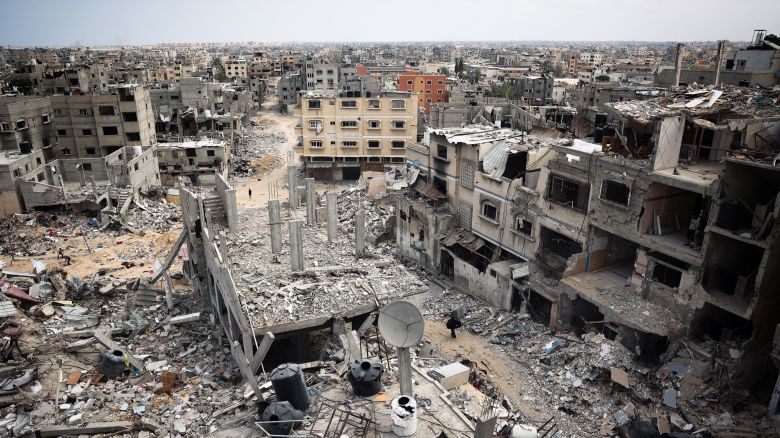 A picture shows a view of a devastated neighbourhood in Khan Yunis in the southern Gaza Strip on May 2, 2024, amid the ongoing conflict between Israel and the Hamas movement.