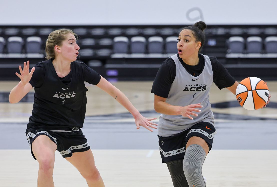 Bria Hartley, right, of the Las Vegas Aces looks to pass against Kate Martin during a practice session on April 28, 2024, in Henderson, Nevada.
