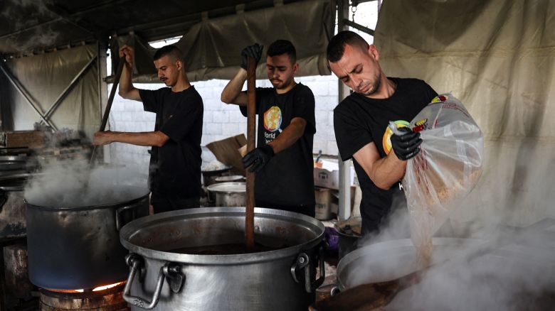 Local volunteers of the World Central Kitchen cook meals to be distributed to needy Palestinians in Rafah in the southern Gaza Strip on May 3, 2024, amid the ongoing conflict between Israel and the Hamas movement.