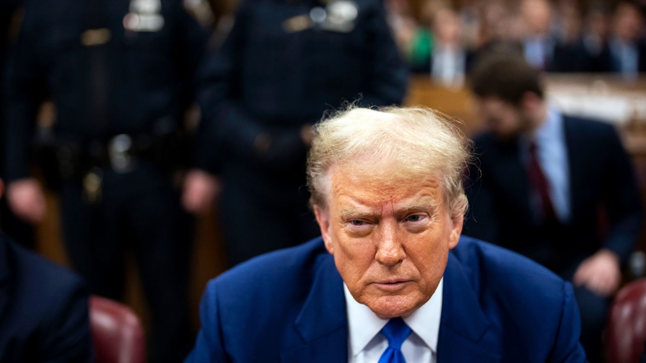 Former President Donald Trump attends his trial for allegedly covering up hush money payments at Manhattan Criminal Court in New York City on May 3, 2024 in New York City. During her testimony, former Trump aid Hope Hicks told jurors about reading the transcript of the Access Hollywood tape, in which he brags about being able to grope women, to Trump.