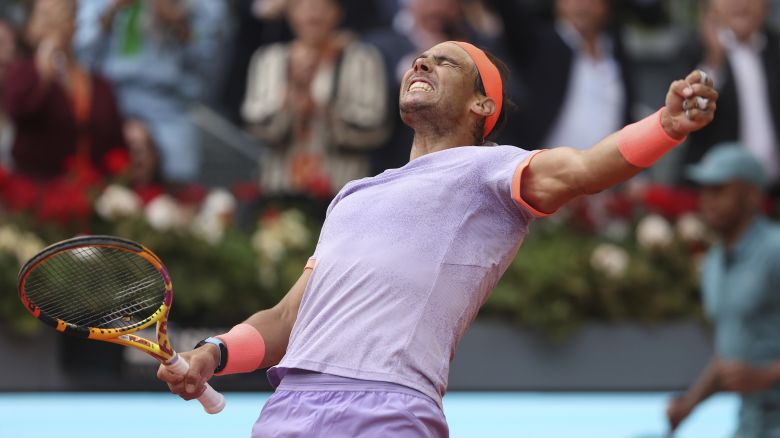 MADRID, SPAIN - APRIL 29: Rafael Nadal of Spain celebrates winning match point against Pedro Cachin of Argentina in their Men's Round of 32 match during day seven of the Mutua Madrid Open at La Caja Magica on April 29, 2024 in Madrid, Spain. (Photo by Julian Finney/Getty Images)