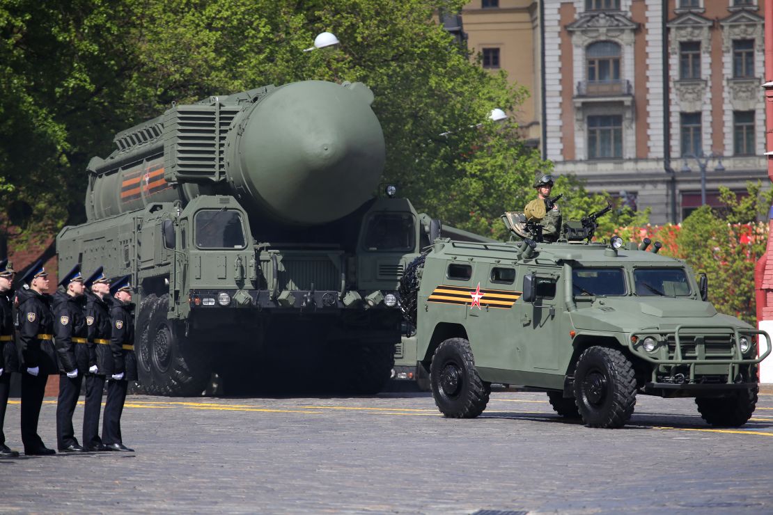 A Russian nuclear missile complex arrives during military parade rehearsals, in the Red Square, on May 5, 2024.