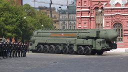 MOSCOW, RUSSIA - MAY 5: (RUSSIA OUT) Russian RS-24 Yars nuclear missile complex (NATO reporting name: SS-29) arrives during the main rehearsals of the military parade, in the Red Square on May 5, 2024. More than 9,000 participants and 70 military vehicles and planes are expected to attend the Red Square Victory Day Parade, scheduled for May 9. (Photo by Contributor/Getty Images)