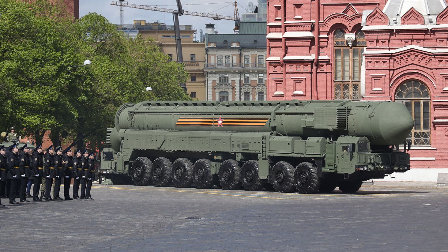 A Russian RS-24 Yars nuclear missile complex at a rehearsal for a military parade in Red Square, Moscow, on May 5, 2024.