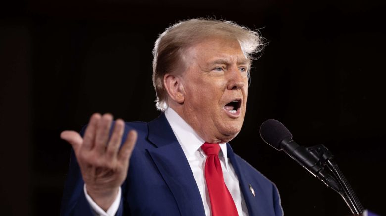 WAUKESHA, WISCONSIN - MAY 01: Republican presidential candidate former President Donald Trump speaks to guests during a rally on May 01, 2024 in Waukesha, Wisconsin. A recent poll has Trump and President Joe Biden currently tied in the state.