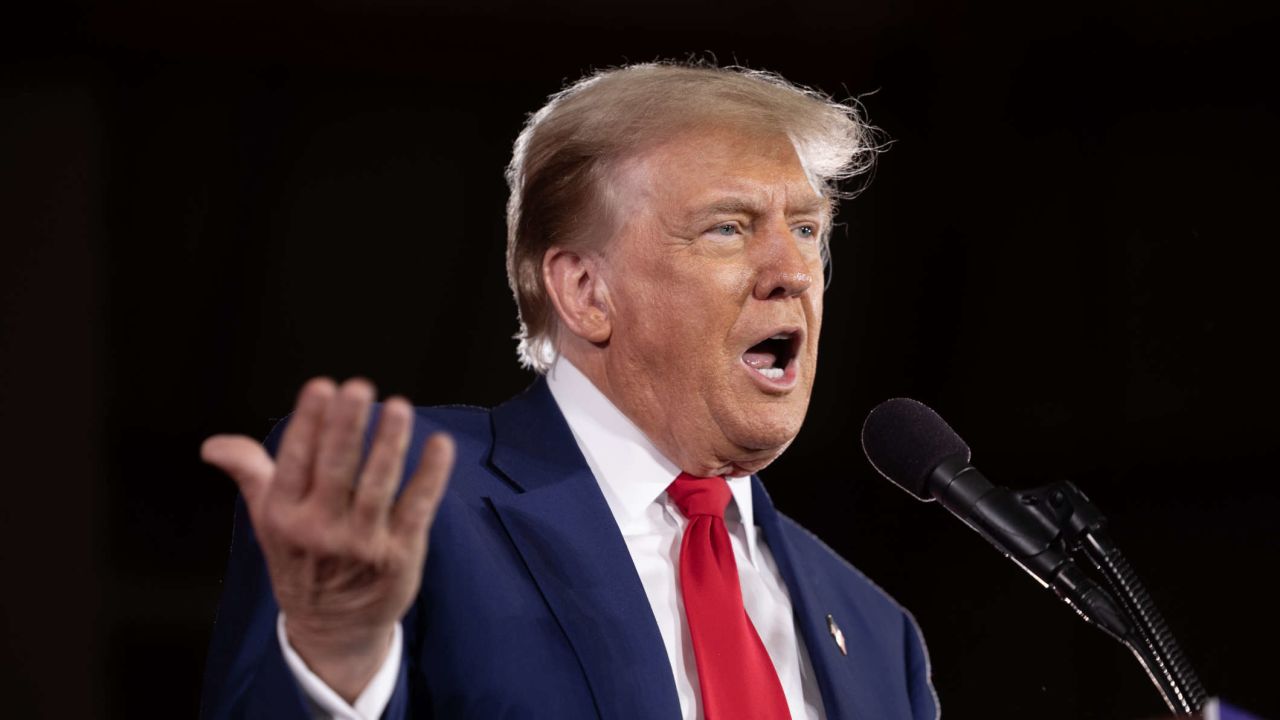 WAUKESHA, WISCONSIN - MAY 01: Republican presidential candidate former President Donald Trump speaks to guests during a rally on May 01, 2024 in Waukesha, Wisconsin. A recent poll has Trump and President Joe Biden currently tied in the state.