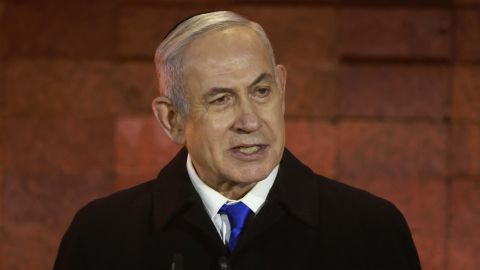 Israel's Prime Minister Benjamin Netanyahu speaks during a ceremony marking Holocaust Remembrance Day for the six million Jews killed during World War II, at the Yad Vashem Holocaust Memorial in Jerusalem on May 5, 2024. (Photo by Menahem Kahana / AFP) (Photo by MENAHEM KAHANA/AFP via Getty Images)