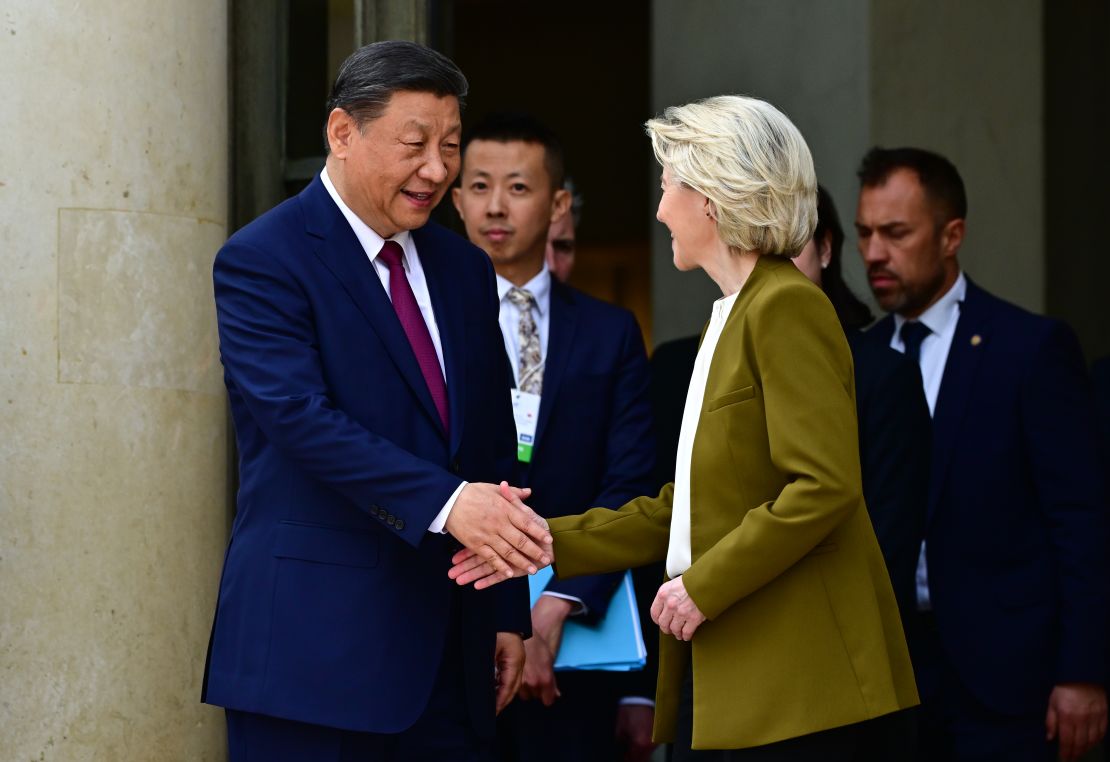 European Commission President Ursula von der Leyen shakes hands with Chinese leader Xi Jinping after holding a trilateral meeting including French President Emmanuel Macron in Paris in May, 2024.