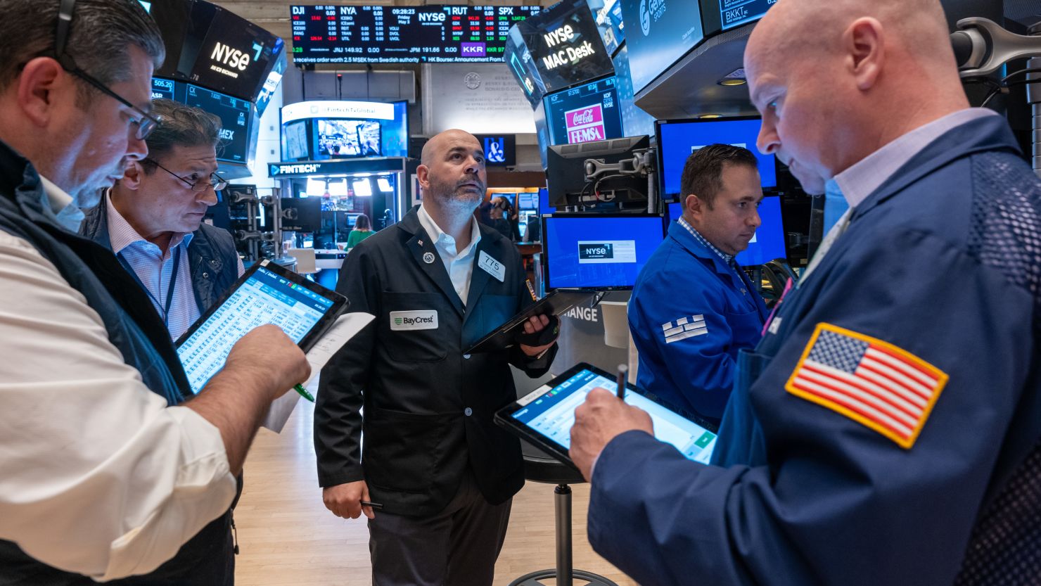 Traders work on the floor of the New York Stock Exchange (NYSE) on May 03, 2024 in New York City.