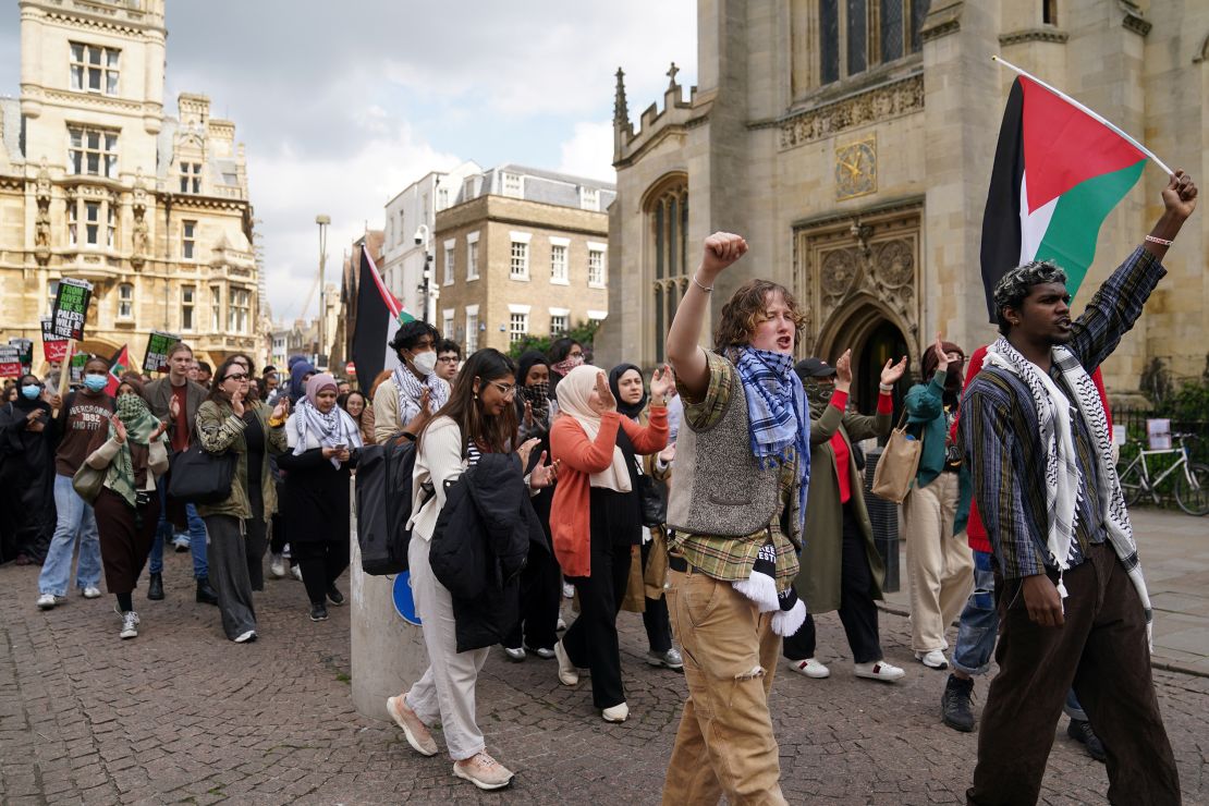 Students march to deliver their demands to Cambridge University as they protest against the war in Gaza. Students in the UK, including in Leeds, Newcastle and Bristol, have set up tents outside university buildings, replicating the nationwide campus demonstrations which began in the US last month. Picture date: Tuesday May 7, 2024. (Photo by Joe Giddens/PA Images via Getty Images)