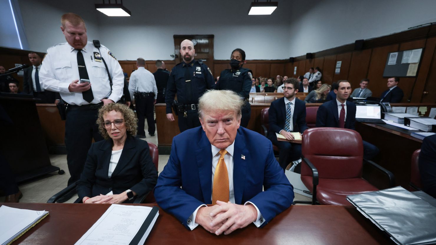 Former US President Donald Trump attends his trial for allegedly covering up hush money payments linked to extramarital affairs, at Manhattan Criminal Court in New York City, on May 7, 2024.