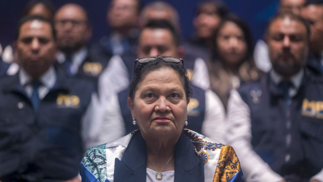 Guatemala's Attorney General, Consuelo Porras, attends a press conference at the Public Prosecutor's Office building in Guatemala City on May 7, 2024. Guatemala's President Bernardo Arevalo headed to Congress on May 6 to present legal reforms that would allow the removal of Attorney General Consuelo Porras, whom he accuses of plotting to oust him. Porras, who is under US and EU sanctions for corruption, was appointed by Arevalo's predecessor and led efforts to have the newcomer's election victory overturned. Her mandate runs until May 2026, and Arevalo cannot legally fire her without showing just cause under the current law. (Photo by Edwin BERCIAN / AFP) (Photo by EDWIN BERCIAN/AFP via Getty Images)