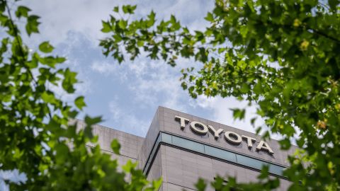 Signage is pictured outside the headquarters of Japanese automaker Toyota in Tokyo, Japan on May 8, 2024.