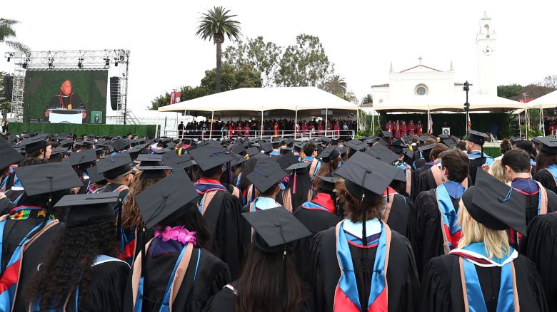 Students arrive at the Loyola Marymount University's 2024 Undergraduate Commencement Ceremony at Loyola Marymount University in Los Angeles, California on May 04, 2024.
