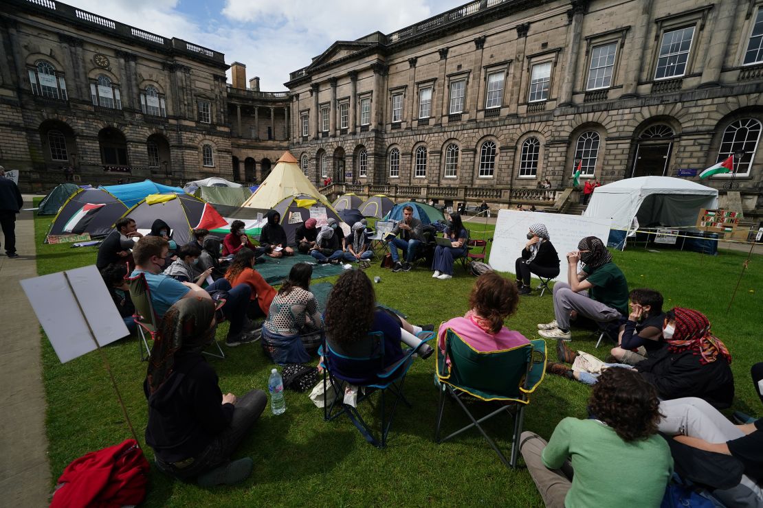 Students at an encampment at the Old College at the University of Edinburgh, protesting against the war in Gaza. Students in the UK, including in Leeds, Newcastle and Bristol, have set up tents outside university buildings, replicating the nationwide campus demonstrations which began in the US last month. Picture date: Wednesday May 8, 2024. (Photo by Andrew Milligan/PA Images via Getty Images)