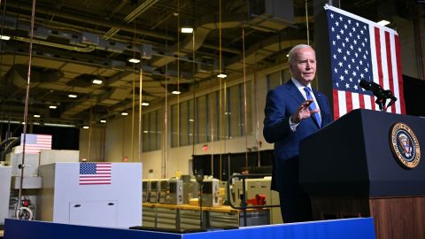 US President Joe Biden speaks about his Investing in America agenda, at Gateway Technical College in Sturtevant, Wisconsin, on May 8, 2024. Biden is highlighting a major investment by Microsoft in Racine, Wisconsin, a city on the shores of Lake Michigan, as part of the president's plan of "growing the economy from the middle-out and bottom-up," the White House said. (Photo by Mandel NGAN / AFP) (Photo by MANDEL NGAN/AFP via Getty Images)