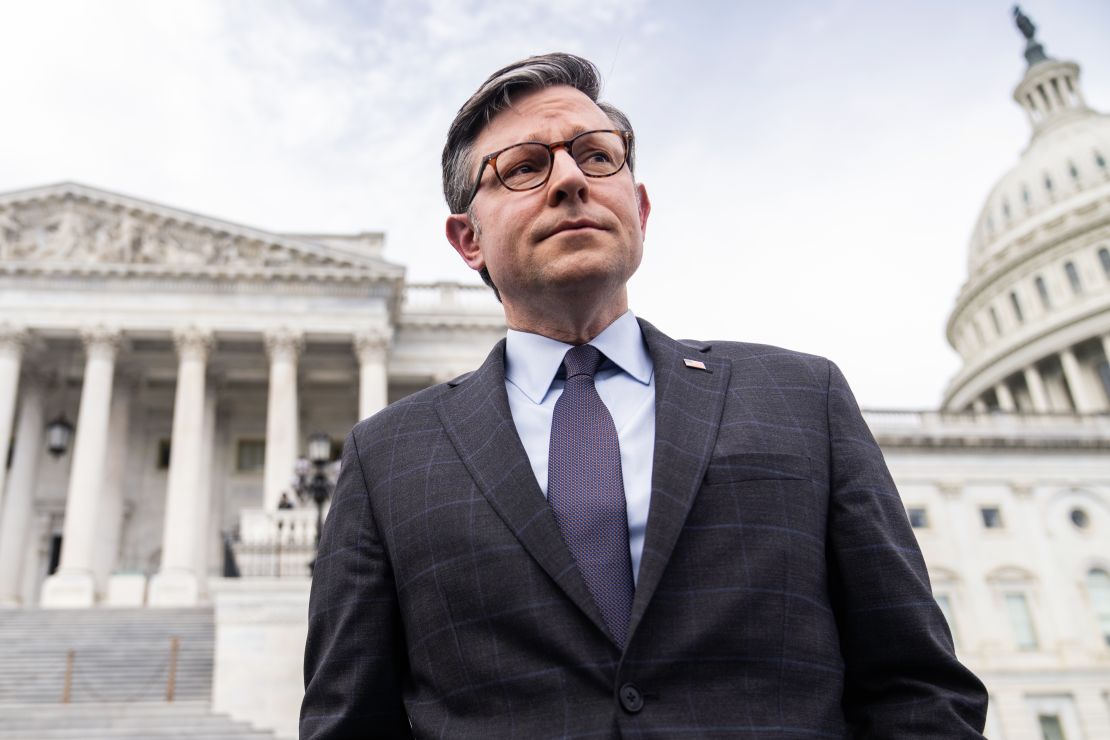 House Speaker Mike Johnson is interviewed after a news conference at the House steps of the US Capitol to introduce the 