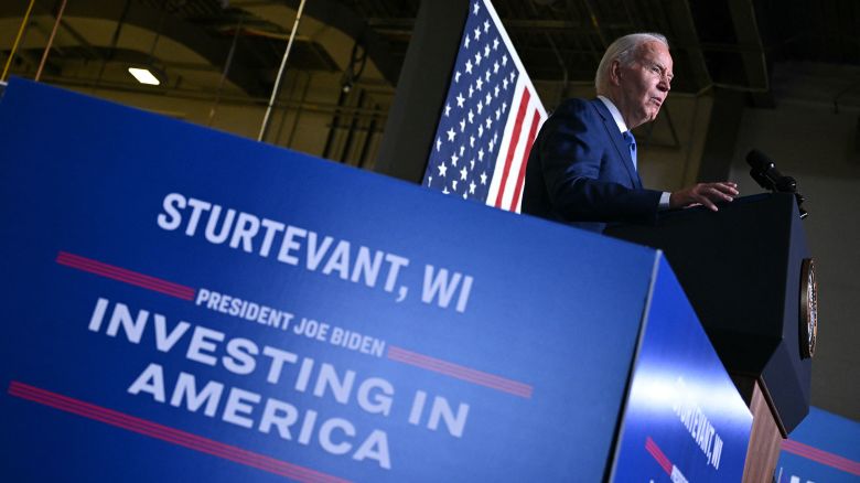 President Joe Biden speaks about his Investing in America agenda, at Gateway Technical College in Sturtevant, Wisconsin, on May 8, 2024. Biden is highlighting a major investment by Microsoft in Racine, Wisconsin, a city on the shores of Lake Michigan, as part of the president's plan of "growing the economy from the middle-out and bottom-up," the White House said.