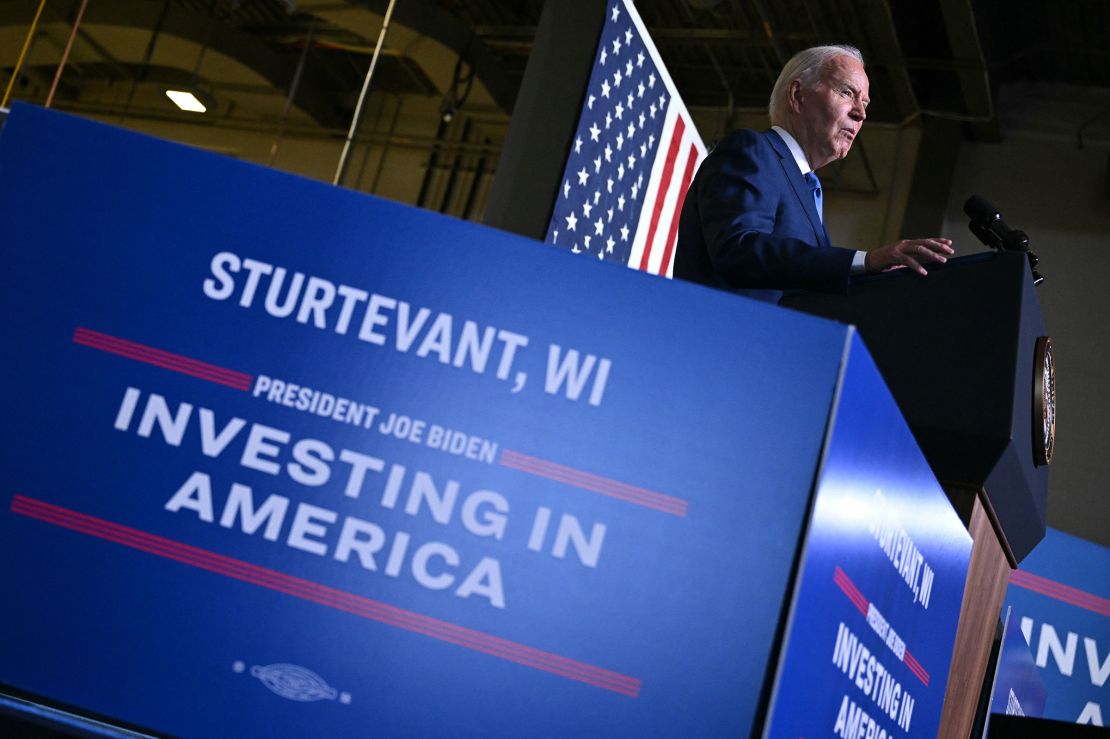 President Joe Biden speaks about his Investing in America agenda, at Gateway Technical College in Sturtevant, Wisconsin, on May 8, 2024.