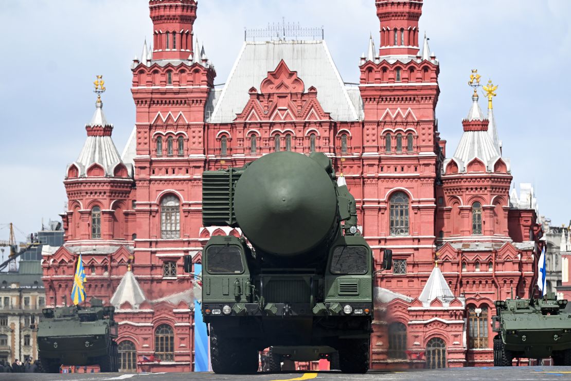 Ceremonial soldiers parade in Red Square.