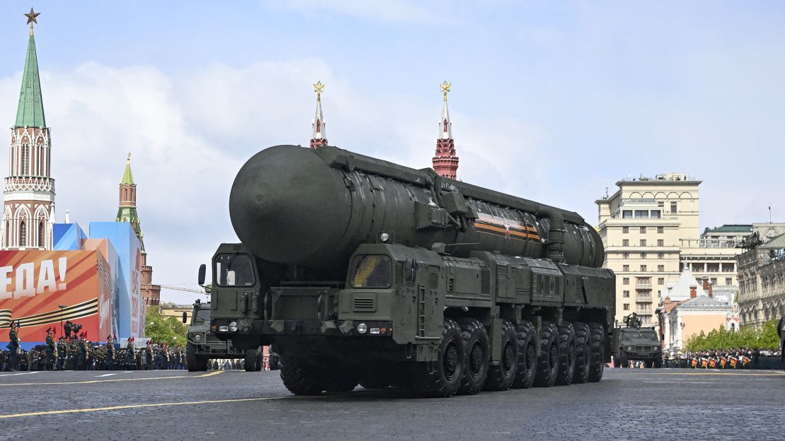 A Russian Yars intercontinental ballistic missile launcher rolls on Red Square during the Victory Day military parade in central Moscow on May 9, 2024.