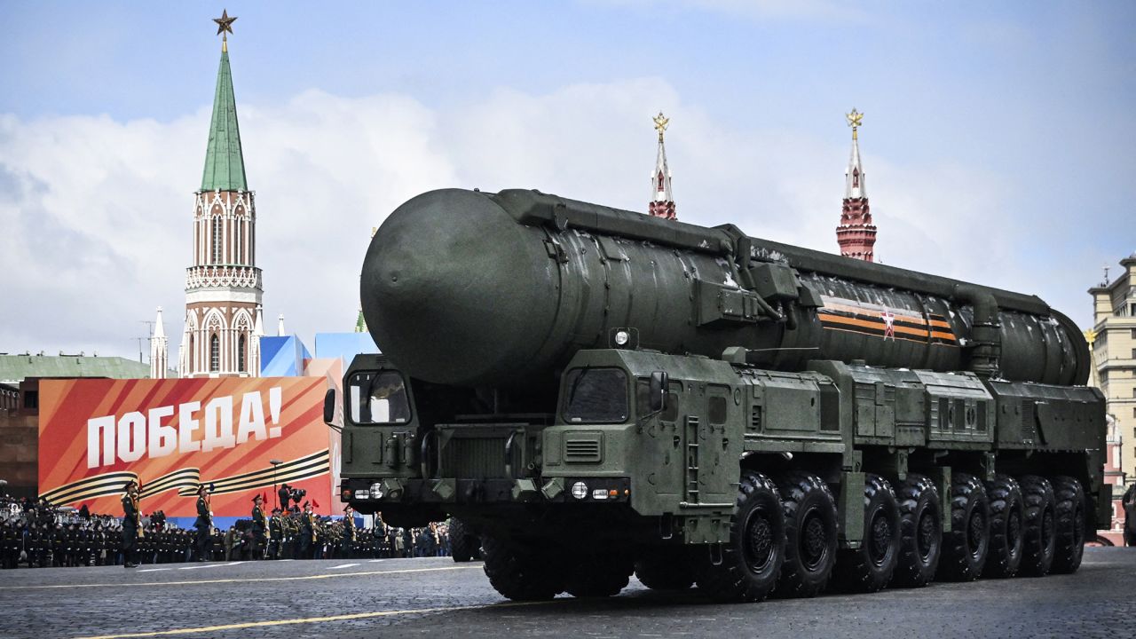 A Russian Yars intercontinental ballistic missile launcher rolls on Red Square during the Victory Day military parade in central Moscow on May 9.