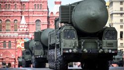 Russian Yars intercontinental ballistic missile launchers roll on Red Square during the Victory Day military parade in central Moscow on May 9, 2024. Russia celebrates the 79th anniversary of the victory over Nazi Germany in World War II. (Photo by Alexander NEMENOV / AFP) (Photo by ALEXANDER NEMENOV/AFP via Getty Images)