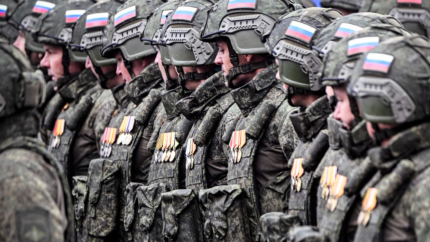 Russian servicemen march on Red Square during the Victory Day military parade in 2024.