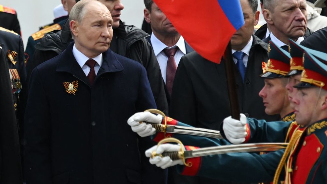 In this pool photograph distributed by the Russian state agency Sputnik, Russia's President Vladimir Putin and foreign leaders lay flowers at the Tomb of the Unknown Soldier by the Kremlin wall after the Victory Day military parade in central Moscow on May 9, 2024. Russia celebrates the 79th anniversary of the victory over Nazi Germany in World War II. (Photo by Maksim BLINOV / POOL / AFP) (Photo by MAKSIM BLINOV/POOL/AFP via Getty Images)