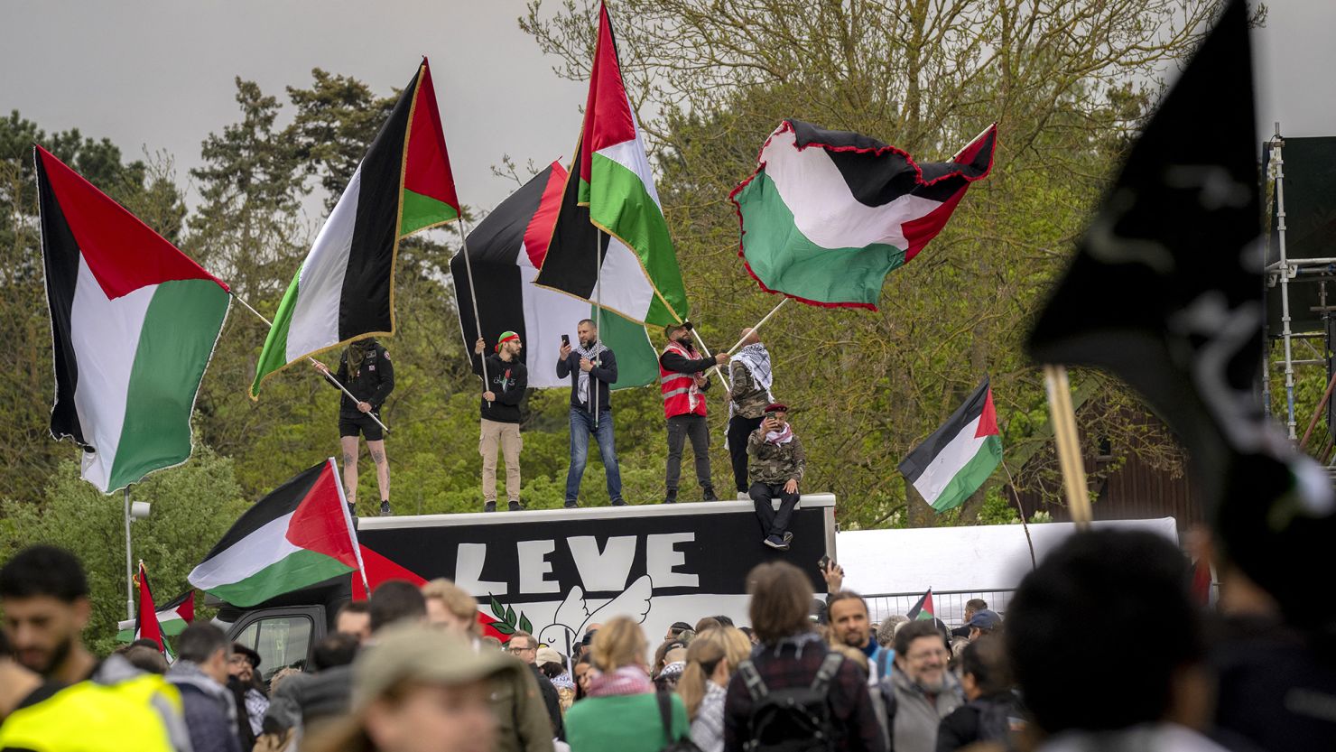 Pro-Palestinian demonstrators protest against Israel's involvement at Eurovision on Thursday.