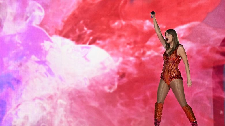 US singer and songwriter Taylor Alison Swift, also known as Taylor Swift performs on stage at the Paris La Defense Arena as part of her The Eras Tour, in Nanterre, north-western France, on May 9, 2024.