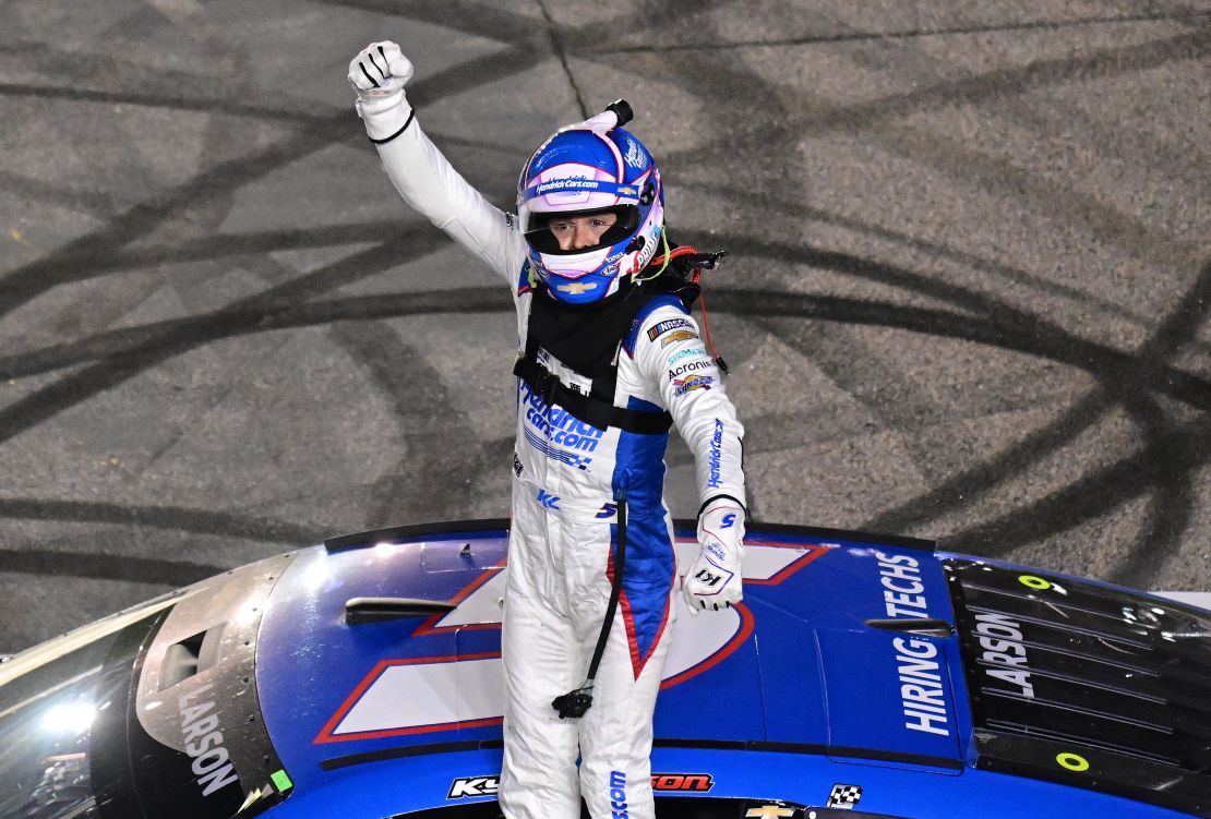 Larson celebrates after the dramatic finish.