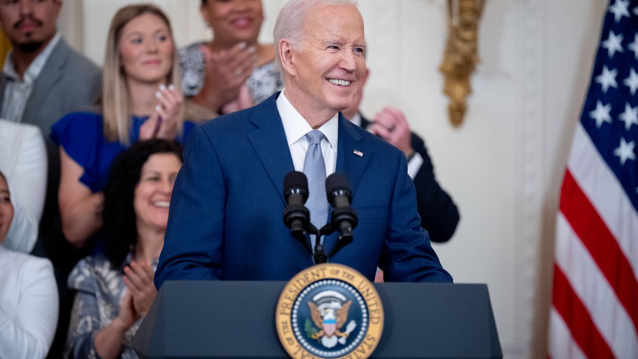 WASHINGTON, DC - MAY 9: U.S. President Joe Biden speaks during a ceremony to celebrate the WNBA Champion Las Vegas Aces in the East Room of the White House on May 9, 2024 in Washington, DC. The Las Vegas Aces defeated the New York Liberty 70-69 in Game 4 of the 2023 WNBA Finals on October 18, 2023 at Barclays Center in Brooklyn, New York. (Photo by Andrew Harnik/Getty Images)