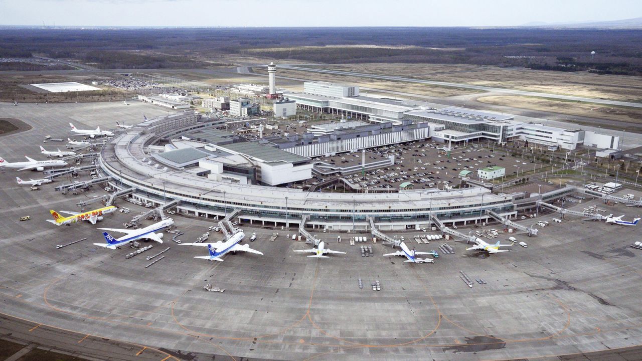 An aerial shot of New Chitose Airport in Hokkaido, Japan.