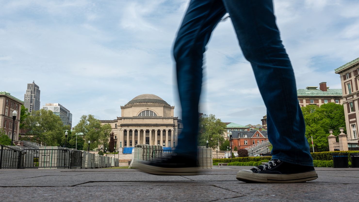 Students walk through a nearly empty Columbia University campus after police cleared out a Gaza protest encampment on May 06, 2024 in New York City.