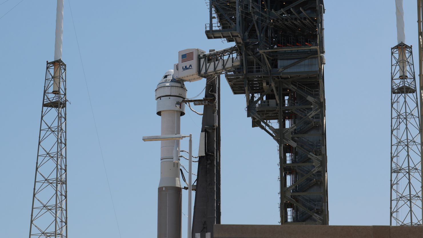 Boeing’s Starliner spacecraft sits atop a United Launch Alliance Atlas V rocket on May 7 after the planned launch of Crew Flight Test was scrubbed.
